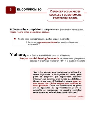 3      EL COMPROMISO
                                               DEFENDER LOS AVANCES
                                              SOCIALES Y EL SISTEMA DE
                                                PROTECCIÓN SOCIAL



El Gobierno ha     cumplido su compromiso de que la crisis no haya supuesto
ningún recorte en las prestaciones sociales.


         No sólo no se han recortado, sino que han seguido mejorando.
                    De hecho, las pensiones mínimas han seguido subiendo, por
                    encima del IPC.




Y ahora, en el Plan de Austeridad aprobado por el Gobierno,
           tampoco sufrirán ningún recorte las prestaciones y las políticas
                      sociales, ni el esfuerzo inversor en I+D+i ni la ayuda al desarrollo.




                          “La crisis obliga, está obligando y obligará a
                          serios esfuerzos, a sacrificios de todos, pero
                          para el proyecto que represento debemos
                          intentar que aquellos que menos posibilidades
                          tienen y que más dificultades pasan sean los
                          que menos sacrificios tengan que realizar en
                          estos periodos. Y que las expectativas en favor
                          de la igualdad de oportunidades y de la
                          cohesión se mantengan en nuestra sociedad
                          como una gran seña de identidad colectiva”.

                                                                     Presidente Zapatero
 