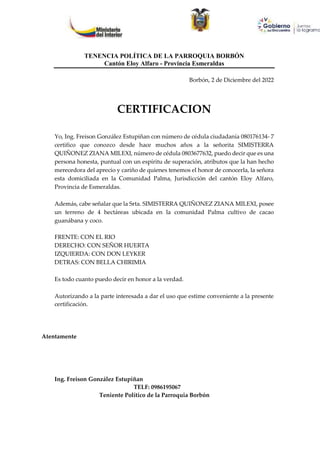 TENENCIA POLÍTICA DE LA PARROQUIA BORBÓN
Cantón Eloy Alfaro - Provincia Esmeraldas
Borbón, 2 de Diciembre del 2022
CERTIFI...
