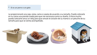  Si es un perro o un gato
Le proporcionaré una caja, cesta, cama o caseta de acuerdo a su tamaño. Puedo colocarle
en su cama una prenda usada para que me reconozca como su dueño. Si llora mucho
puedo colocarle cerca un reloj para que simule el corazón de su mamá o un peluche de su
tamaño para que se sienta acompañado.
 