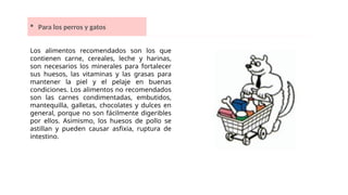  Para los perros y gatos
Los alimentos recomendados son los que
contienen carne, cereales, leche y harinas,
son necesarios los minerales para fortalecer
sus huesos, las vitaminas y las grasas para
mantener la piel y el pelaje en buenas
condiciones. Los alimentos no recomendados
son las carnes condimentadas, embutidos,
mantequilla, galletas, chocolates y dulces en
general, porque no son fácilmente digeribles
por ellos. Asimismo, los huesos de pollo se
astillan y pueden causar asfixia, ruptura de
intestino.
 