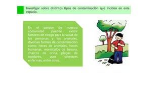 Investigar sobre distintos tipos de contaminación que inciden en este
espacio.
En el parque de nuestra
comunidad pueden existir
factores de riesgo para la salud de
las personas y los animales,
diversas formas de contaminación
como: heces de animales, heces
humanas, montículos de basura,
charcos de orina, plagas de
roedores, aves silvestres
enfermas, entre otros.
 