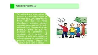 ACTIVIDAD PROPUESTA
Se realizará una visita grupal al
parque de nuestra comunidad, la
duración de la visita será de dos
horas para que los niños
identifiquen: animales, plantas,
conservación del parque, tipos de
contaminación, actividades de las
personas, forma en que los
animales de compañía se
desplazan en el parque y al
regresar al aula los estudiantes
deben expresar sus opiniones. Se
propone también la creación de
un dibujo de la visita al parque.
 