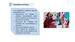 Conceptos principales:
Los estudiantes realizarán diversas
actividades como:
 Exposiciones de paneles y
prácticas demostrativas sobre
buenas prácticas de crianza para
prevenir las zoonosis.
 Concursos de animales de
compañía por sus habilidades y
destrezas.
 Concurso de dibujo y pintura.
 Show infantil de canciones y
teatro sobre temas alusivos a los
animales de compañía.
 