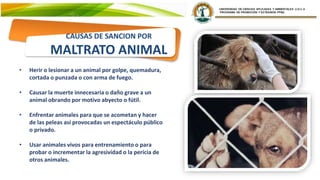 CAUSAS DE SANCION POR
MALTRATO ANIMAL
• Herir o lesionar a un animal por golpe, quemadura,
cortada o punzada o con arma de fuego.
• Causar la muerte innecesaria o daño grave a un
animal obrando por motivo abyecto o fútil.
• Enfrentar animales para que se acometan y hacer
de las peleas así provocadas un espectáculo público
o privado.
• Usar animales vivos para entrenamiento o para
probar o incrementar la agresividad o la pericia de
otros animales.
 