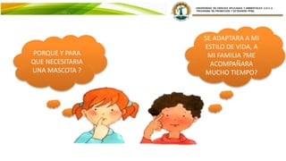 SE ADAPTARA A MI
ESTILO DE VIDA, A
MI FAMILIA ?ME
ACOMPAÑARA
MUCHO TIEMPO?
PORQUE Y PARA
QUE NECESITARIA
UNA MASCOTA ?
 