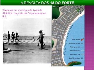 A REVOLTA DOS 18 DO FORTE
Tenentes em marcha pela Avenida
Atlântica, na praia de Copacabana no
RJ.
 