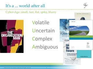 It’s a ... world after all
 Cyber-Age: small, fast, flat, spiky, blurry



                                                            Volatile
                                                            Uncertain
                                                            Complex
                                                            Ambiguous


2012 Center for Creative Leadership. All rights reserved.       3
 