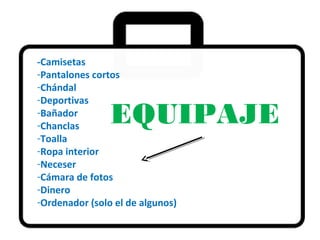 -Camisetas
-Pantalones cortos
-Chándal
-Deportivas
-Bañador
-Chanclas
-Toalla
-Ropa interior
-Neceser
-Cámara de fotos
-Dinero
-Ordenador (solo el de algunos)

EQUIPAJE

 