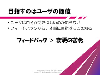 動作するソフトウェア！？
• 最初からプラットフォームが必要
• テストやQAは毎回おこなう
• 毎回使ってもらってフィードバックを要求する
• 仕様が変わっても受け入れる
• 頻繁に変更や作り直しが発生する
• 事前の完全な設計は不可能(変わるから)
Copyright (C) 2015 やっとむ Creative
Commons Attribution 4.0 International License
 