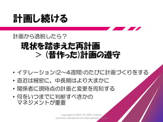 http://www.slideshare.net/hiranabe/project-facilitation-at-kanazawarb
Copyright (C) 2015 やっとむ Creative
Commons Attribution 4.0 International License
 