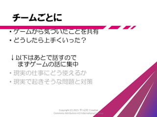 ふりかえり
Copyright (C) 2015 やっとむ Creative
Commons Attribution 4.0 International License
 