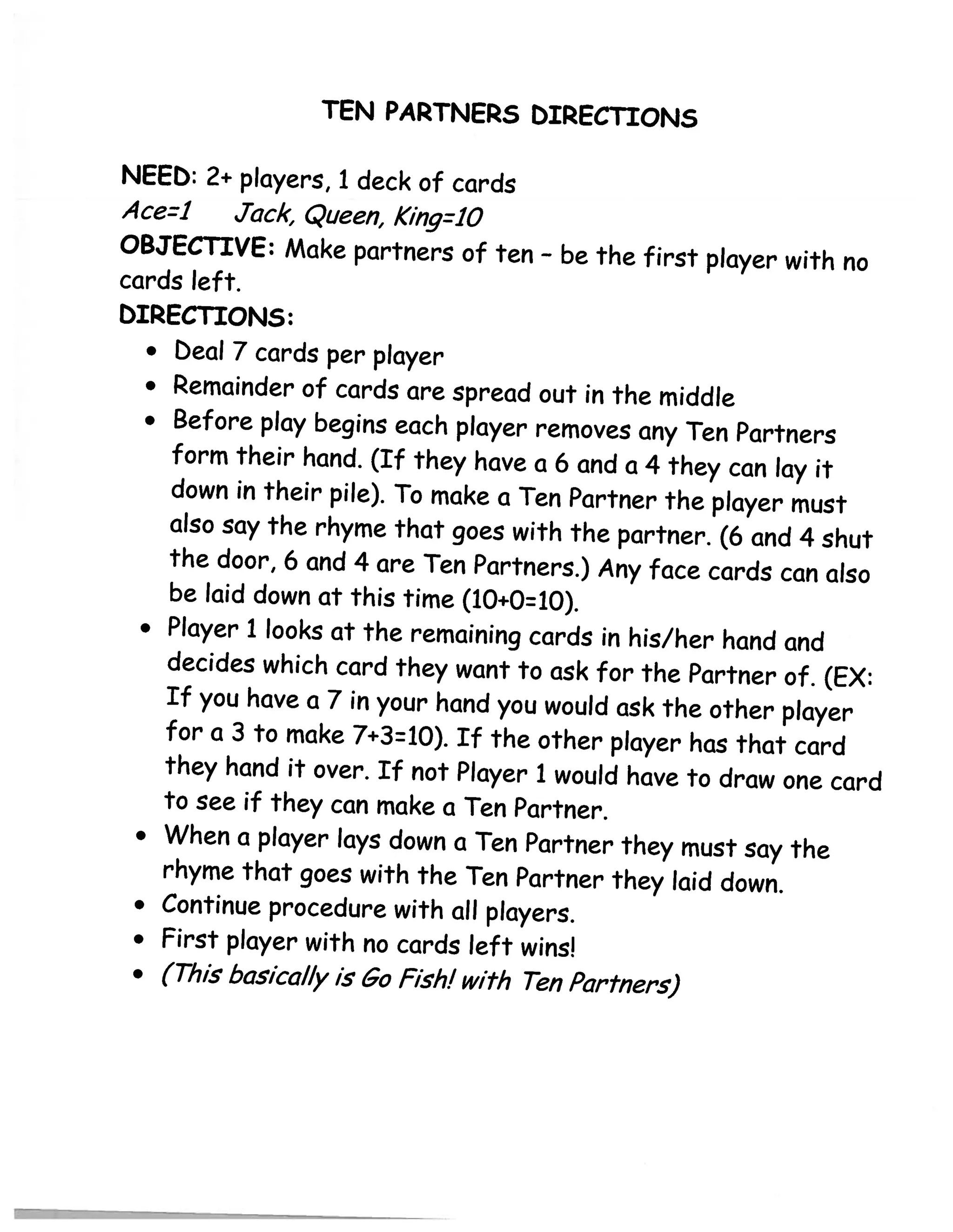 Ten fact game with rhyme and ten frames