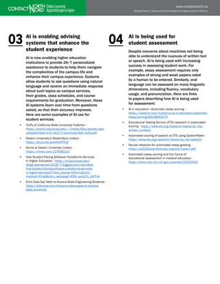 Contact North | Contact Nord is funded by the Government of Ontario
www.contactnorth.ca
AI is enabling advising
systems that enhance the
student experience
AI is now enabling higher education
institutions to provide 24/7 personalized
assistance to students to help them navigate
the complexities of the campus life and
enhance their campus experience. Systems
allow students to ask questions using natural
language and receive an immediate response
about such topics as campus services,
their grades, class schedules, and course
requirements for graduation. Moreover, these
AI systems learn over time from questions
asked, so that their accuracy improves.
Here are some examples of AI use for
student services:
• iTuffy at California State University Fullerton - 		
https://events.educause.edu/~/media/files/events/user-
uploads-folder/e17/ps177/educause-flyer--ituffy.pdf
• Deakin University’s DeakinSync [video] -
https://youtu.be/pehHNkPYhj4
• Genie at Deakin University [video] -
https://vimeo.com/227666323
• How Student-Facing Software Transforms Services
in Higher Education - https://er.educause.edu/
blogs/sponsored/2018/7/biggest-wins-identified-
how-student-facing-software-transforms-services-
in-higher-education?utm_source=Informz&utm_
medium=Email&utm_campaign=ER#_zsrttLf1_zljFFx4
• Echo Dots Say Hello to Arizona State Engineering Students -
https://edscoop.com/amazons-alexa-goes-to-arizona-
state-university
AI is being used for
student assessment
Despite concerns about machines not being
able to understand the nuances of written text
or speech, AI is being used with increasing
success in assessing student work. For
example, essay assessment requires only
examples of strong and weak papers rated
by a human to be entered. Similarly, oral
language can be assessed on many linguistic
dimensions, including fluency, vocabulary
usage, and pronunciation. Here are links
to papers describing how AI is being used
for assessment:
• AI in education—Automatic essay scoring - 		
https://medium.com/hubert-ai/ai-in-education-automatic-
essay-scoring-6eb38bb2e70
• Educational Testing Service (ETS) research in automated
scoring - https://www.ets.org/research/topics/as_nlp/
written_content/
• Automated scoring of speech at ETS using SpeechRater -
https://www.ets.org/research/topics/as_nlp/speech/
• Neural networks for automated essay grading -
https://cs224d.stanford.edu/reports/huyenn.pdf
• Automated essay scoring and the future of
educational assessment in medical education -
https://www.ncbi.nlm.nih.gov/pubmed/25200016
03 04
 