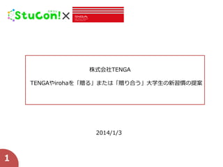 ✕

株式会社TENGA
TENGAやirohaを「贈る」または「贈り合う」大学生の新習慣の提案

2014/1/3

1

 