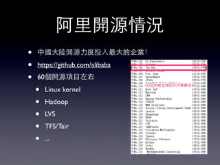 阿⾥里開源情況
• 中國⼤大陸開源⼒力度投⼊入最⼤大的企業！
• https://github.com/alibaba
• 60個開源項⺫⽬目左右
• Linux kernel
• Hadoop
• LVS
• TFS/Tair
• ...
 