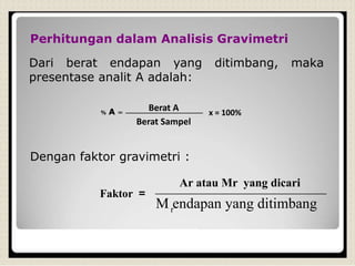 Perhitungan dalam Analisis Gravimetri
Dari berat endapan yang ditimbang, maka
presentase analit A adalah:
Dengan faktor gravimetri :
Faktor =
Ar atau Mr yang dicari
M endapan yang ditimbangr
% A = Berat A
Berat Sampel
x = 100%
 