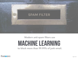 Agari.com
Modern anti-spam ﬁlters use
to block more than 99.99% of junk email.
MACHINE LEARNING
 