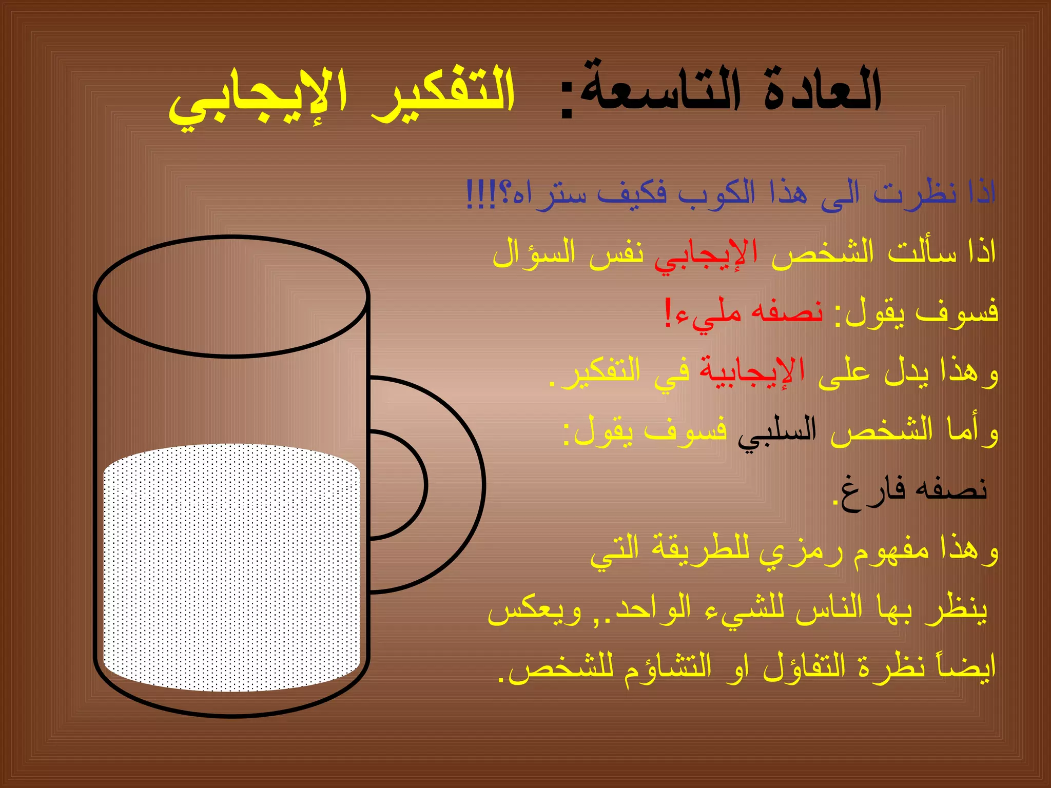 العادة التاسعة :   التفكير الإيجابي اذا نظرت الى هذا الكوب فكيف ستراه؟ !!! اذا سألت الشخص  الإيجابي   نفس السؤال   فسوف يقول :  نصفه مليء !   وهذا   يدل على  الإيجابية  في التفكير . وأما الشخص  السلبي  فسوف يقول : نصفه فارغ . وهذا مفهوم رمزي للطريقة التي ينظر بها الناس للشيء الواحد .,  ويعكس  ايضاً نظرة التفاؤل او التشاؤم للشخص . 