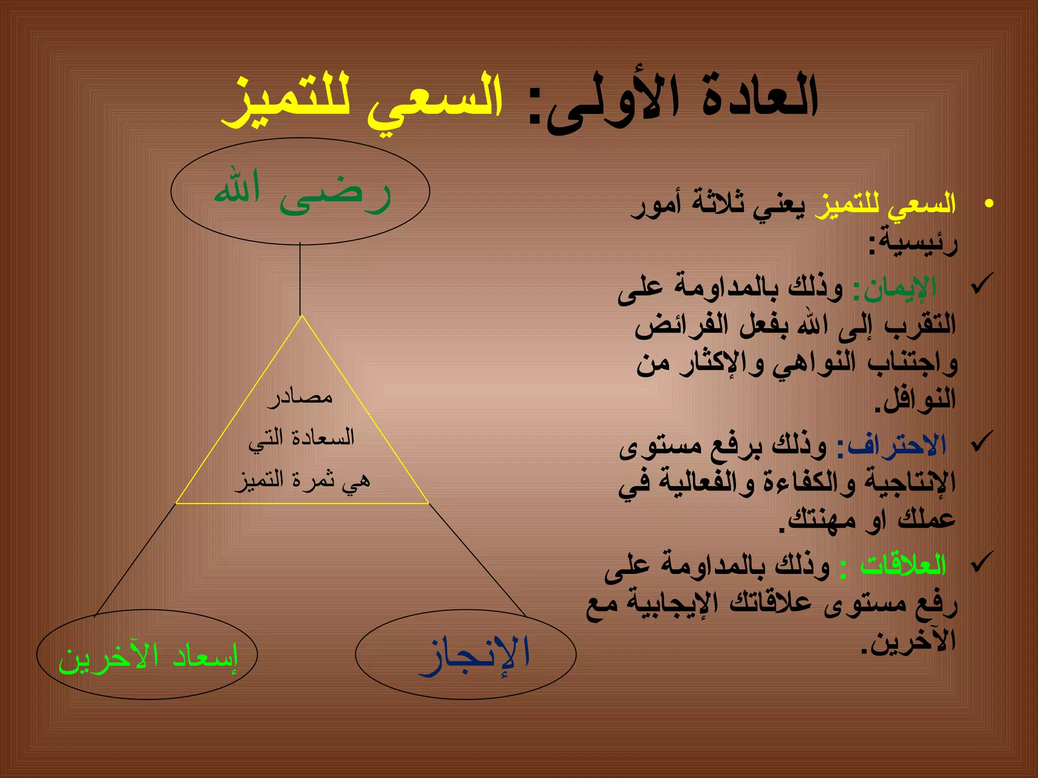 العادة الأولى :   السعي للتميز السعي للتميز  يعني ثلاثة  أ مور رئيسية : الإيمان :   وذلك بالمداومة على  التقرب إلى الله  بفعل ال فرائض  واجتناب ال نواهي  والإكثار من النوافل . الاحتراف :   وذلك برفع مستوى الإنتاج ية  والكفاءة والفعالية في عملك او مهنتك . العلاقات  :   وذلك بالمداومة على رفع مستوى علاق ا تك الإيجابية مع الآخرين .  مصادر السعادة التي هي ثمرة التميز  رضى الله الإنجاز إ سعاد الآخرين 