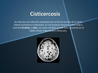 Cisticercosis
Se trata de una infección parasitaria por la forma larvaria de la Tenia
Solium (Cysticercus cellulosae), la cual produce lesiones sobre todo a
nivel del Encéfalo y Ojos, así como también puede estar presente en el
Tejido celular Subcutáneo y Músculos.
 