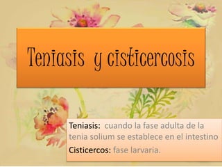 Teniasis y cisticercosis
Teniasis: cuando la fase adulta de la
tenia solium se establece en el intestino
Cisticercos: fase larvaria.
 