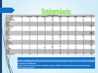 Epidemiologia
Sistema de Notificación Semanal de Casos Nuevos de Enfermedades. Casos nuevos de Cisticercosis (B69)
por fuente de notificación.
Estados Unidos Mexicanos 2015. Población General. FUENTE: SUIVE/DGE/Secretaría de Salud/Estados
Unidos Mexicanos 2015
 