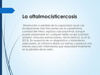 La oftalmocisticercosis
Disminución o pérdida de la capacidad visual. Las
localizaciones más frecuentes son la subretiniana,
cavidad del vítreo, espacio subconjuntival, aunque
puede presentarse en cualquier tejido ocular (cámara
anterior, músculos extraoculares, nervio óptico). (Li et al.
2013). En ausencia de un diagnóstico y tratamiento
adecuados, el cisticerco libera sus toxinas y produce una
intensa reacción inflamatoria que redundará finalmente
en la pérdida de la visión.
 