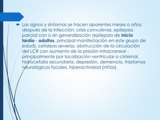  Los signos y síntomas se hacen aparentes meses o años
después de la infección: crisis convulsivas, epilepsia
parcial con o sin generalización (epilepsia de inicio
tardío - adultos, principal manifestación en este grupo de
edad), cefaleas severas, obstrucción de la circulación
del LCR con aumento de la presión intracraneal -
principalmente por localización ventricular o cisternal,
hidrocefalia secundaria, depresión, demencia, trastornos
neurológicos focales, hiperactividad (niños).
 
