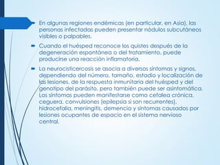  En algunas regiones endémicas (en particular, en Asia), las
personas infectadas pueden presentar nódulos subcutáneos
visibles o palpables.
 Cuando el huésped reconoce los quistes después de la
degeneración espontánea o del tratamiento, puede
producirse una reacción inflamatoria.
 La neurocisticercosis se asocia a diversos síntomas y signos,
dependiendo del número, tamaño, estadio y localización de
las lesiones, de la respuesta inmunitaria del huésped y del
genotipo del parásito, pero también puede ser asintomática.
Los síntomas pueden manifestarse como cefalea crónica,
ceguera, convulsiones (epilepsia si son recurrentes),
hidrocefalia, meningitis, demencia y síntomas causados por
lesiones ocupantes de espacio en el sistema nervioso
central.
 