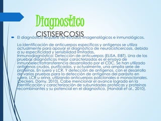 Diagnostico
CISTISERCOSIS El diagnóstico requiere de estudios imagenológicos e inmunológicos.
La identificación de anticuerpos específicos y antigenos se utiliza
actualmente para apoyar el diagnóstico de neurocisticercosis, debido
a su especificidad y sensibilidad limitadas.
Inmunodiagnóstico: Detección de anticuerpos (ELISA, EIBT). Una de las
pruebas diagnósticas mejor caracterizadas es el ensayo de
inmunoelectrotransferencia desarrollado por el CDC. Se han utilizado
antígenos crudos, purificados, y actualmente, una amplia serie de
proteínas. En suero y LCR. Y detección de antígenos, con el desarrollo
de varias pruebas para la detección de antígenos del parásito en
suero, LCR u orina, utilizando anticuerpos policlonales o monoclonales.
(Deckers, Dorny. 2010). Cabe mencionar el avance logrado en la
identificación y caracterización de subunidades proteicas y proteínas
recombinantes y su potencial en el diagnostico. (Handali et al., 2010).
 