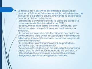 La teniosis por T. solium es enfermedad exclusiva del
humano y éste es el único responsable de la dispersión de
los huevos del parásito adulto, originando la cisticercosis
humana y cisticercosis porcina.
- La falta de control sanitario de la carne de cerdo y la
matanza clandestina (alrededor del 35%), y
- El consumo de esta carne en forma semicruda, con
cisticercos vivos, son prácticas que contribuyen a la
infección.
- Es necesaria la producción tecnificada de cerdos, su
confinamiento para evitar la coprofagia y alimentación
adecuada, inspección sanitaria, decomiso y registro de
animales infectados.
- Es obligatoria la notificación oficial de portadores
de Taenia spp., su desparasitación.
- Se requiere la introducción de infraestructura sanitaria
básica para la eliminación adecuada de excretas, y
- Campañas comunitarias de educación extensiva.
- Programas efectivos de vigilancia sanitaria.
 