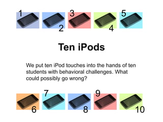 1                    3                    5
                 2                   4

                 Ten iPods
    We put ten iPod touches into the hands of ten
    students with behavioral challenges. What
    could possibly go wrong?

           7                    9
      6                    8                    10
 