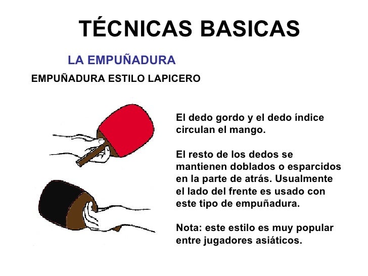 TÉCNICAS BASICAS LA EMPUÑADURA El dedo gordo y el dedo índice circulan el mango. El resto de los dedos se mantienen doblad...