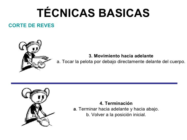 TÉCNICAS BASICAS CORTE DE REVES 3. Movimiento hacia adelante a. Tocar la pelota por debajo directamente delante del cuerpo...