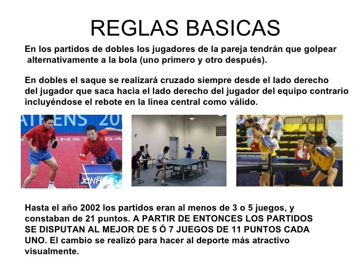 REGLAS BASICAS Hasta el año 2002 los partidos eran al menos de 3 o 5 juegos, y constaban de 21 puntos. A PARTIR DE ENTONCE...