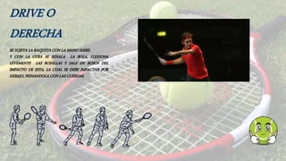 SE SUJETA LA RAQUETA CON LA MANO HÁBIL
Y CON LA OTRA SE SEÑALA LA BOLA, FLEXIONA
LEVEMENTE LAS RODILLAS Y SALE EN BUSCA DEL
IMPACTO DE ESTA, LA CUAL SE DEBE IMPACTAR POR
DEBAJO, PEINANDOLA CON LAS CUERDAS.
 