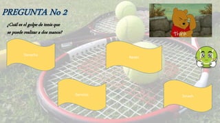 ¿Cuál es el golpe de tenis que
se puede realizar a dos manos?
Derecha
Servicio
Revés
Smash
 