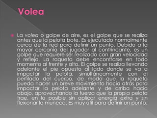VoleaLa volea o golpe de aire, es el golpe que se realiza antes que la pelota bote. Es ejecutado normalmente cerca de la red para definir un punto. Debido a la mayor cercanía del jugador al contrincante, es un golpe que requiere ser realizado con gran velocidad y reflejo. La raqueta debe encontrarse en todo momento al frente y alto. El golpe se realiza llevando adelante el pie opuesto al lado donde se va a impactar la pelota, simultáneamente con el perfilado del cuerpo, de modo que la raqueta pueda hacer un breve movimiento hacia atrás para impactar la pelota adelante y de arriba hacia abajo, aprovechando la fuerza que la propia pelota trae, en lo posible sin aplicar energía extra y sin flexionar la muñeca. Es muy útil para definir un punto.