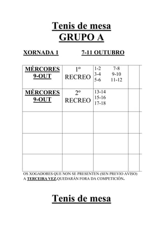 Tenis de mesa
GRUPO A
XORNADA 1 7-11 OUTUBRO
MÉRCORES
9-OUT
1º
RECREO
1-2 7-8
3-4 9-10
5-6 11-12
MÉRCORES
9-OUT
2º
RECREO
13-14
15-16
17-18
OS XOGADORES QUE NON SE PRESENTEN (SEN PREVIO AVISO)
A TERCEIRA VEZ,QUEDARÁN FORA DA COMPETICIÓN.
Tenis de mesa
 