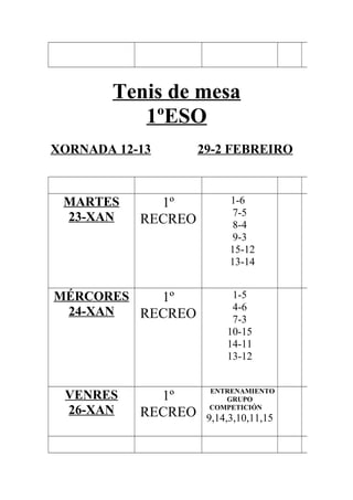 Tenis de mesa
1ºESO
XORNADA 12-13 29-2 FEBREIRO
MARTES
23-XAN
1º
RECREO
1-6
7-5
8-4
9-3
15-12
13-14
MÉRCORES
24-XAN
1º
RECREO
1-5
4-6
7-3
10-15
14-11
13-12
VENRES
26-XAN
1º
RECREO
ENTRENAMIENTO
GRUPO
COMPETICIÓN
9,14,3,10,11,15