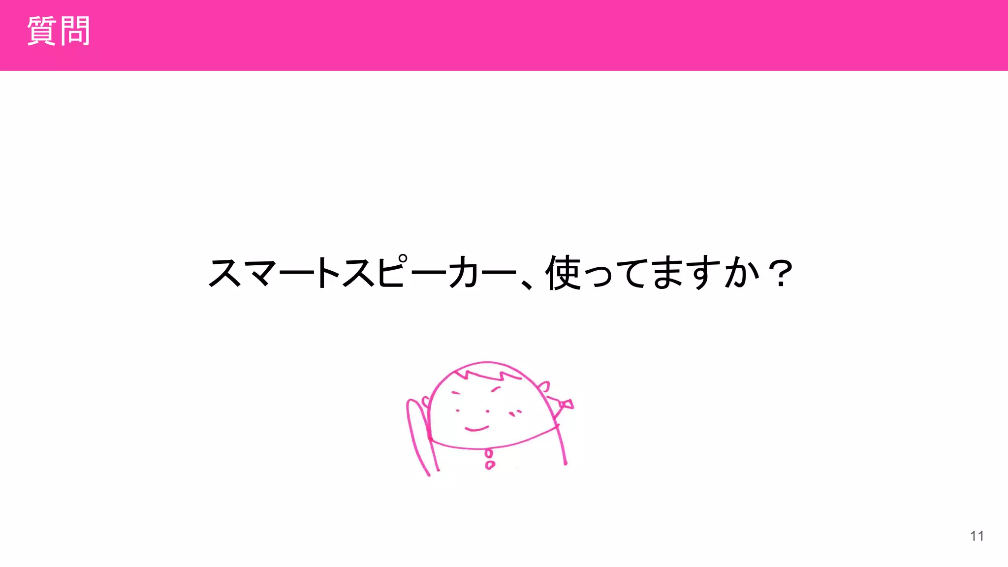 スマートスピーカー、使ってますか？
11
質問
 