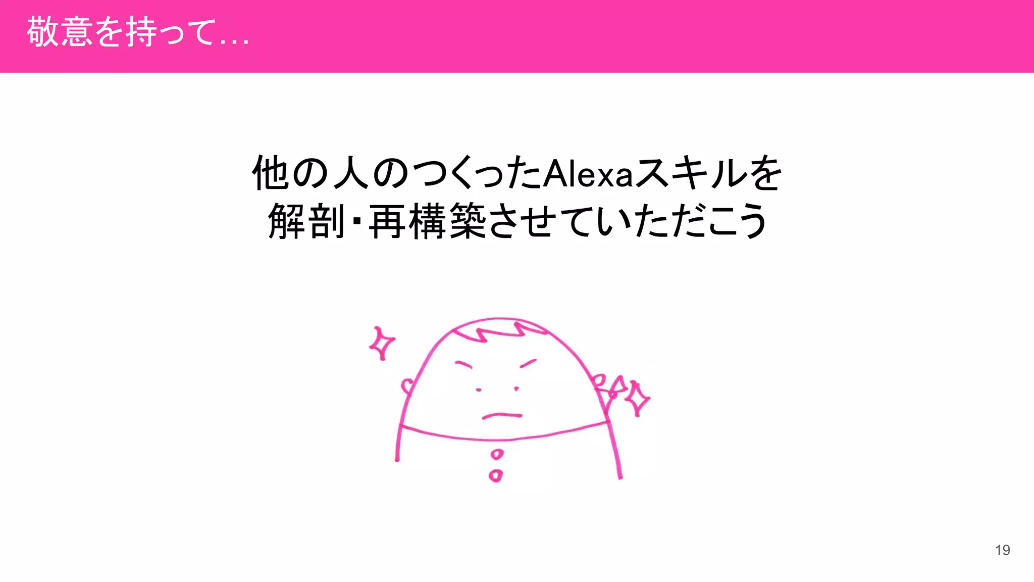 他の人のつくったAlexaスキルを
解剖・再構築させていただこう
19
敬意を持って…
 