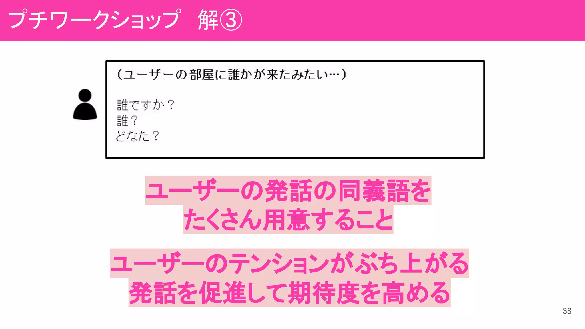 38
ユーザーの発話の同義語を
たくさん用意すること
ユーザーのテンションがぶち上がる
発話を促進して期待度を高める
プチワークショップ　解③
 