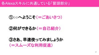 21
①○○へようこそ（＝ごあいさつ）
②何ができるか（＝自己紹介）
③さあ、早速使ってみましょうか
（＝スムーズな利用促進）
各Alexaスキルに共通している「冒頭部分」
 