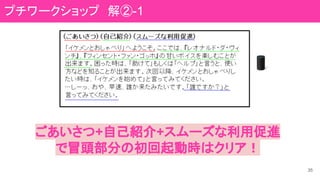 35
ごあいさつ+自己紹介+スムーズな利用促進
で冒頭部分の初回起動時はクリア！
プチワークショップ　解②-1
 