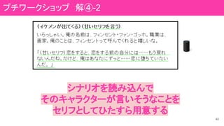 40
シナリオを読み込んで
そのキャラクターが言いそうなことを
セリフとしてひたすら用意する
プチワークショップ　解④-2
 