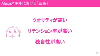 クオリティが高い
リテンション率が高い
独自性が高い
45
Alexaスキルにおける「三高」
 