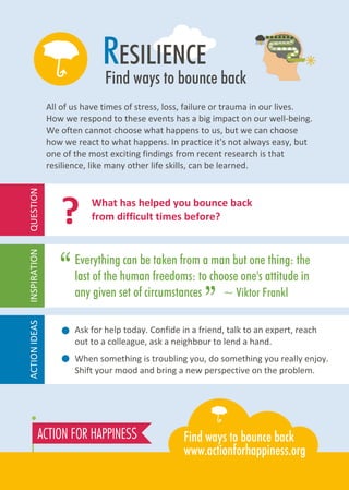 RESILIENCE
Find ways to bounce back
Ask for help today. Confide in a friend, talk to an expert, reach
out to a colleague, ask a neighbour to lend a hand.
When something is troubling you, do something you really enjoy.
Shift your mood and bring a new perspective on the problem.
What has helped you bounce back
from difficult times before??
All of us have times of stress, loss, failure or trauma in our lives.
How we respond to these events has a big impact on our well-being.
We often cannot choose what happens to us, but we can choose
how we react to what happens. In practice it's not always easy, but
one of the most exciting findings from recent research is that
resilience, like many other life skills, can be learned.
ACTIONIDEASINSPIRATIONQUESTION
Everything can be taken from a man but one thing: the
last of the human freedoms: to choose one's attitude in
any given set of circumstances ~ Viktor Frankl
“
”
 