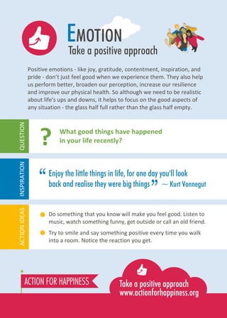 EMOTION
Take a positive approach
Positive emotions - like joy, gratitude, contentment, inspiration, and
pride - don’t just feel good when we experience them. They also help
us perform better, broaden our perception, increase our resilience
and improve our physical health. So although we need to be realistic
about life's ups and downs, it helps to focus on the good aspects of
any situation - the glass half full rather than the glass half empty.
Do something that you know will make you feel good. Listen to
music, watch something funny, get outside or call an old friend.
Try to smile and say something positive every time you walk
into a room. Notice the reaction you get.
Enjoy the little things in life, for one day you'll look
back and realise they were big things ~ Kurt Vonnegut
What good things have happened
in your life recently?
“ ”
?
ACTIONIDEASINSPIRATIONQUESTION
 