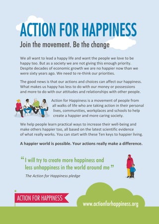 The good news is that our actions and choices can affect our happiness.
What makes us happy has less to do with our money or possessions
and more to do with our attitudes and relationships with other people.
“
”
`
Join the movement. Be the change
I will try to create more happiness and
less unhappiness in the world around me
The Action for Happiness pledge
We all want to lead a happy life and want the people we love to be
happy too. But as a society we are not giving this enough priority.
Despite decades of economic growth we are no happier now than we
were sixty years ago. We need to re-think our priorities.
A happier world is possible. Your actions really make a difference.
Action for Happiness is a movement of people from
all walks of life who are taking action in their personal
lives, communities, workplaces and schools to help
create a happier and more caring society.
We help people learn practical ways to increase their well-being and
make others happier too, all based on the latest scientific evidence
of what really works. You can start with these Ten keys to happier living.
 